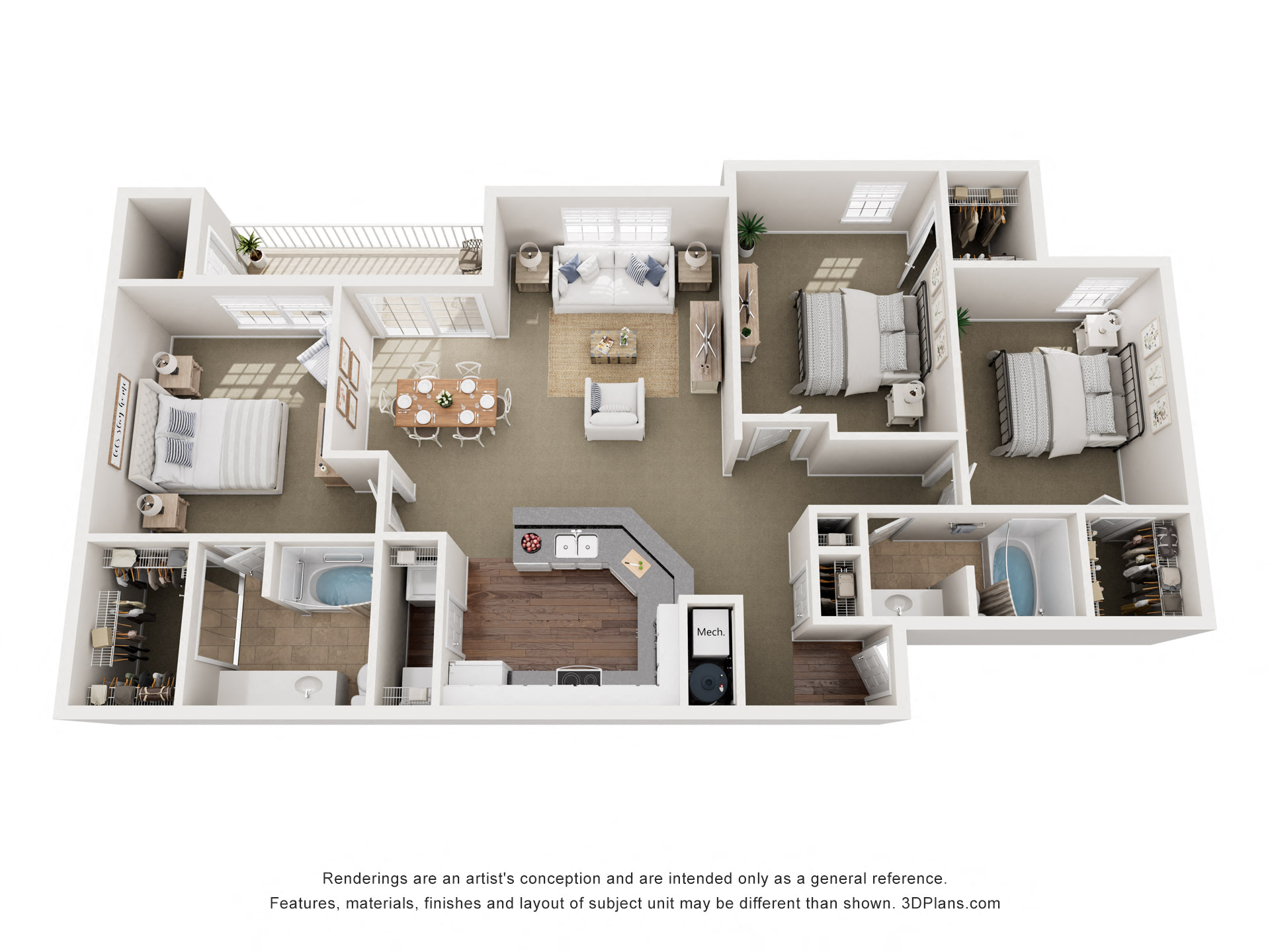 Floor plan for 3 beds, 2 baths, 1379 sqft